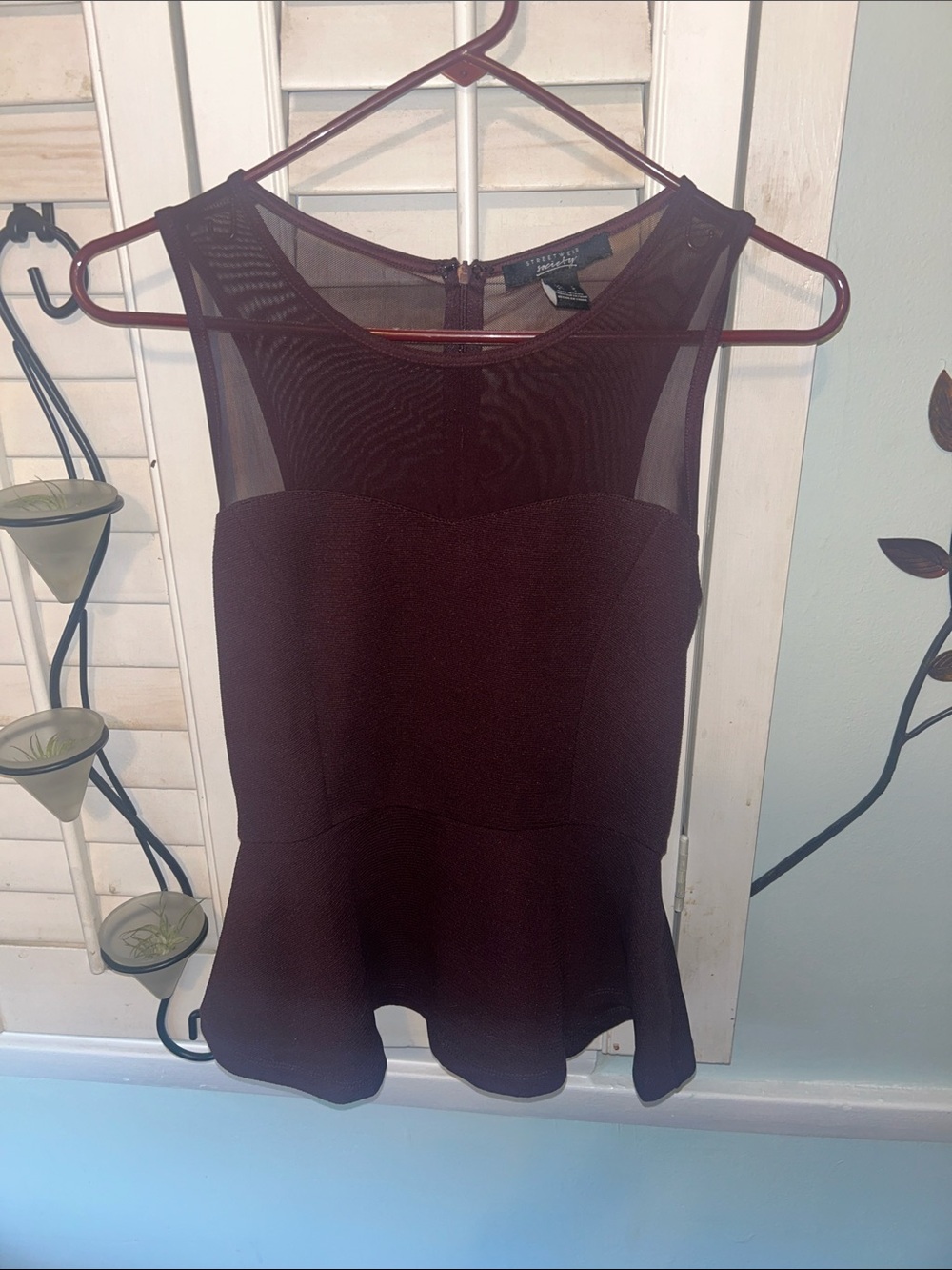 Streetwear Society Burgundy Mesh-Panel Peplum Top